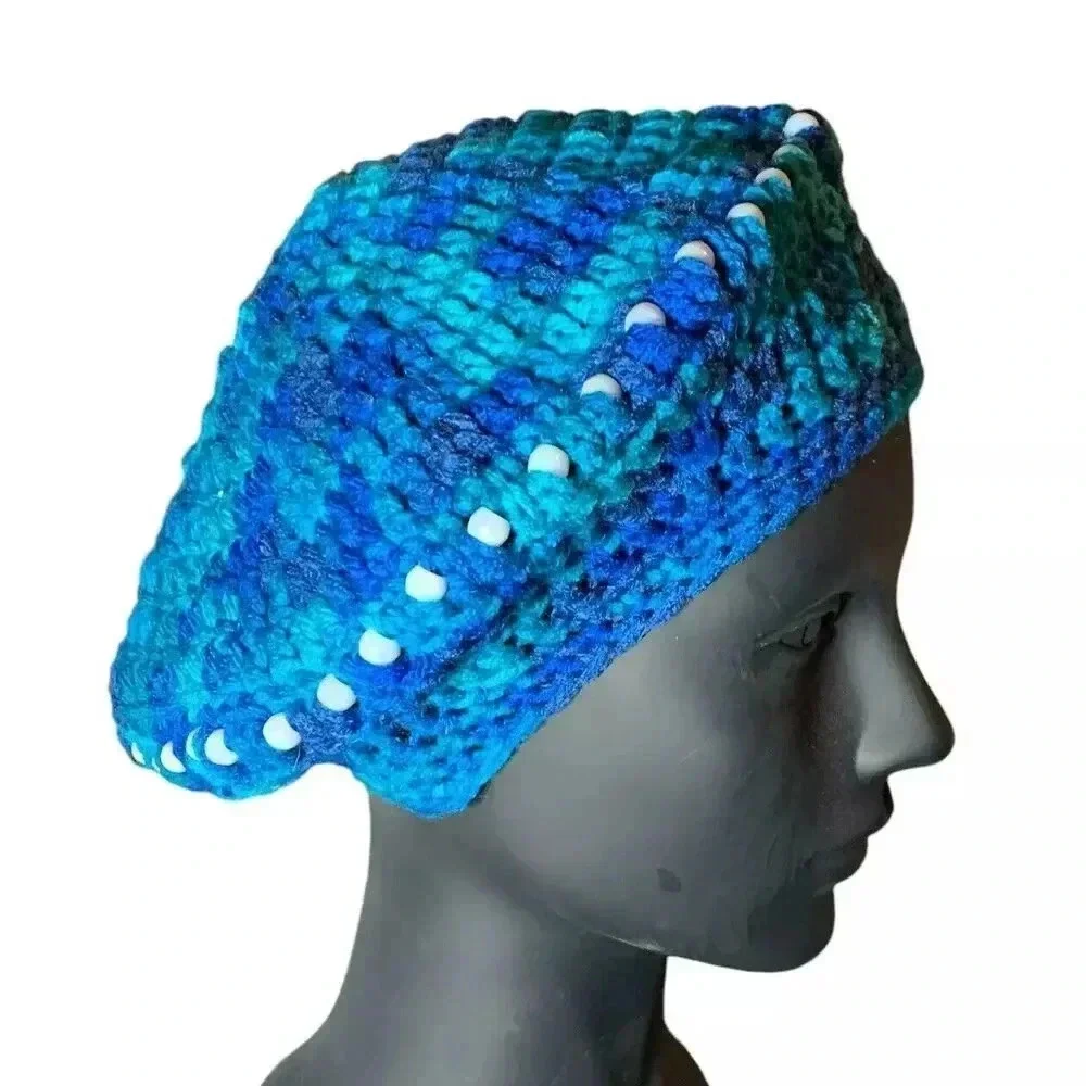 Beaded Beret Hat Women Size Adult Multicolor Blue White Crochet Warm Embellished